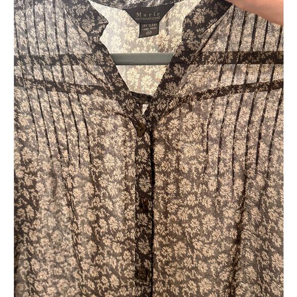 Chiffon Pleated V-Neck Ditsy Floral Tunic Top Dress Lagenlook, Taupe Cream, M - Picture 3 of 10